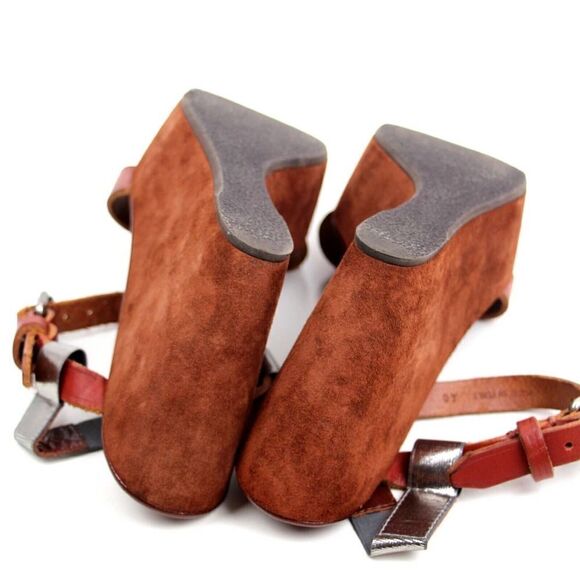 Acne Italy BROWN SUEDE SILVER LEATHER OPEN TOE HIGH HEEL WEDGE SHOES Sz 40 9.5 - Picture 8 of 10